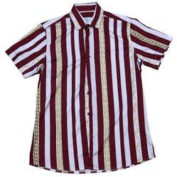 Suslo Couture Men’s Button Up Shirt Baroque Print Medium Red Gold Stripes Casual