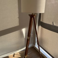 60"x16" Tripod Floor Lamp Oak Wood And Brass Finish