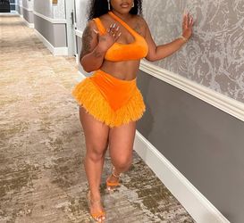 Orange Velour 2pc Set – Fur Trim Shorts & One Shoulder Crop Top (S–L)