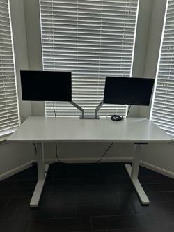 Teknion Adjustable Desk with monitor stand and 2 Dell Monitors