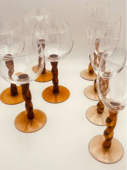 Stunning Set of 8 Mouth-blown Amber Swirl Stemmed, Coupes and Champagne Glass Collection | Vintage