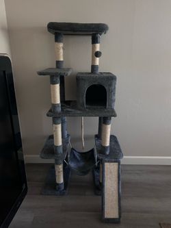 $70 or BEST OFFER! dark gray cat tree with scratchers, cubby, bed, swing on bottom & ladder