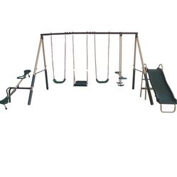 XDP Recreation Crestview Outdoor Play Kids Metal Backyard Playset Swing Set with 2 Swings, Slide, Stand N Swing, Fun Glider, and See Saw, Green/Tan