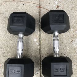Pair 35lb Rubber Hex Dumbbells & More Dumbbells 