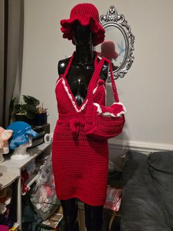 Hand made red crochet dress with bag