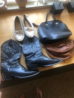 All 4 REAL leather: COACH shoes sz 7.5 $29 Cowboy boots sz 12 $29 purse $25 Fanny pack $15 All 4 REAL LEATHER ITEMS for only $85 - Cash only in H.B