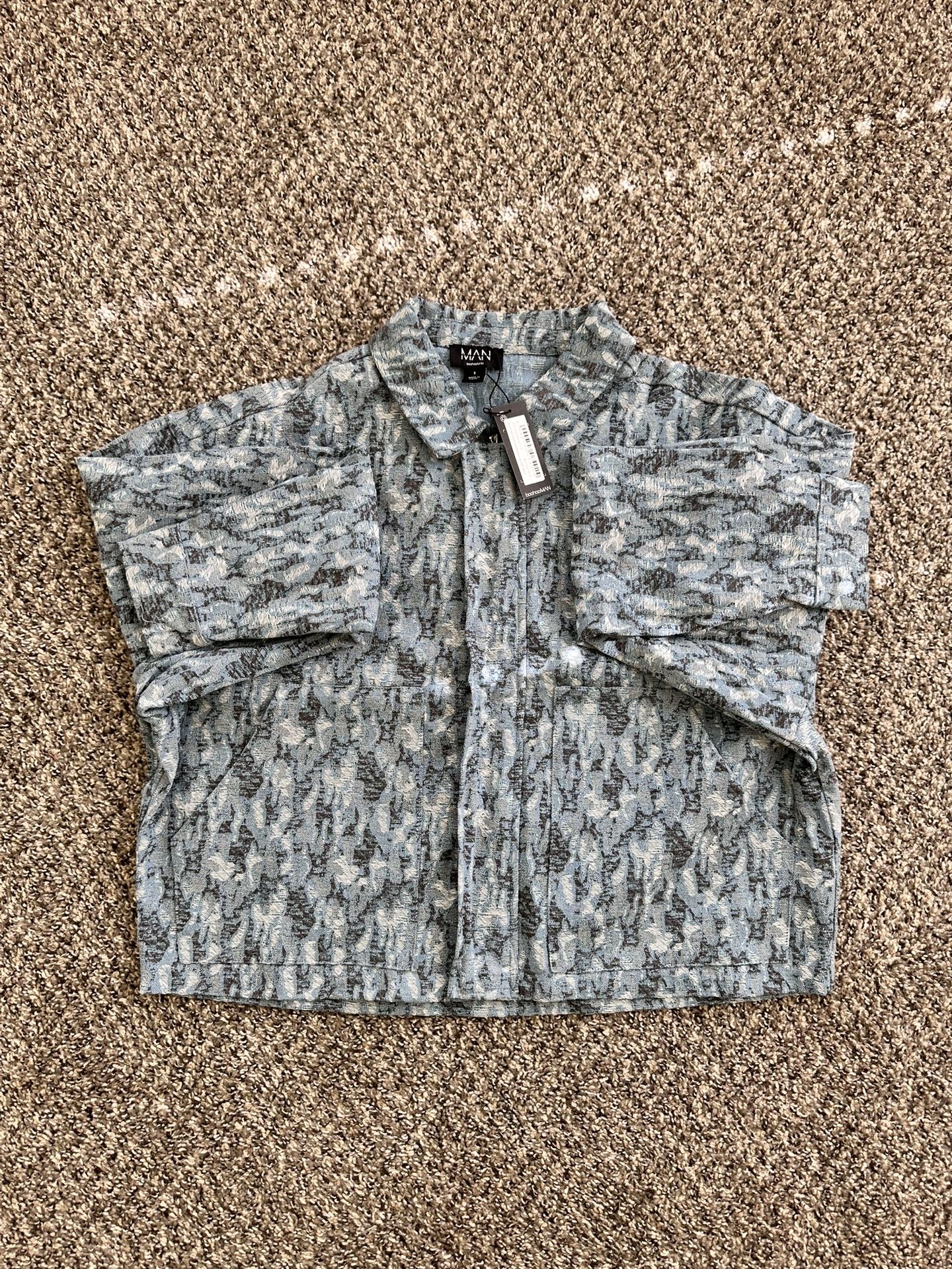 Boxy Fit Fabric Interest Distressed Denim Jacket (new) sz: small