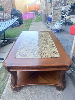Large Ornate Coffee Table w/ Stone Inlay & Lower Shelf – 52”
