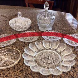 Vintage Crystal Glass Candy Dish , Plates , Egg Tray
