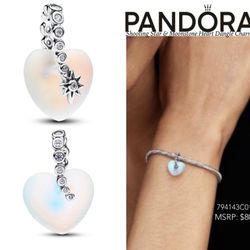 PANDORA Shooting Star & Moonstones Heart Dangle Charm w/box
