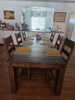 $300 - 6-Person Rustic Wood Dining Table Set w/ 6 Chairs