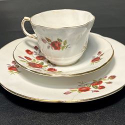 Royal Crest 1950s Bone China Red Rose Cup Saucer Dessert Plate, England, REPAIRED