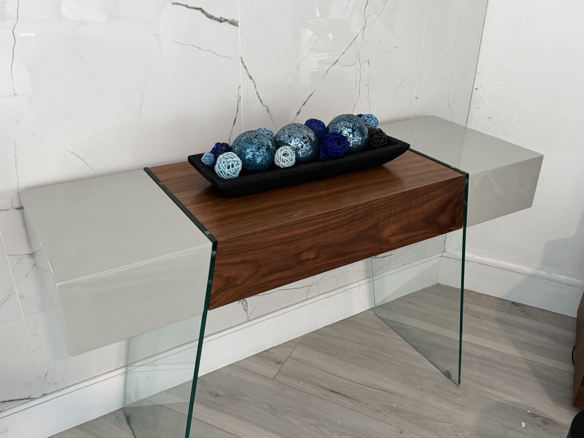 Casabianca 47" Blocky Gray & Walnut Console Desk w/ Glass Legs