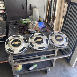 Three Chevy Pick Up Dog Dish Hubcaps.
