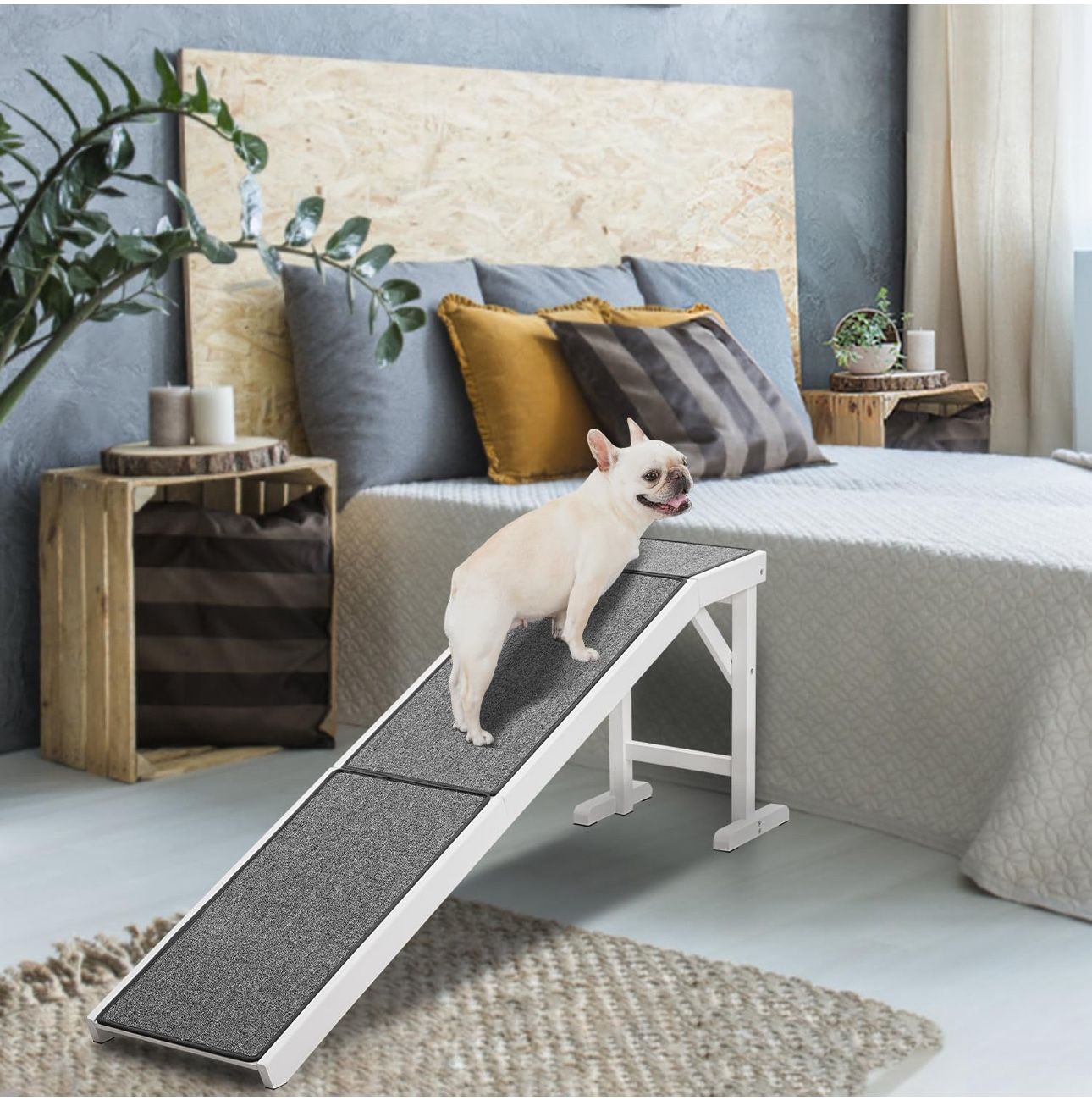 Strong Sturdy Big Long Wood Ramp For Dog To Bed Couch Car Non Slip Carpet Surface Up to 150 lb Dog Size Length 70", Height 25"