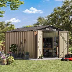 New Heavy Duty 10'x8' Patio Metal Shed with Lockable Door Outdoor Steel Storage Building Outdoor House for Backyard  New in box PS23-0405  1. Quality 