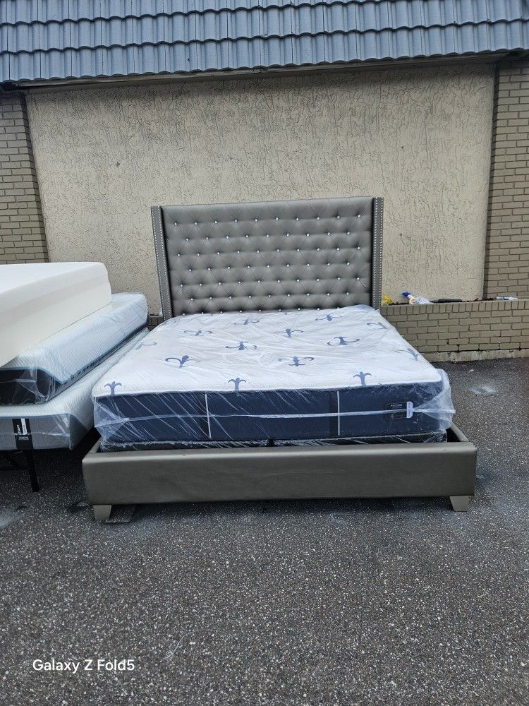 Silver King Size Sofia Vergara Upholstery Bed Frame With Brand New King Size Plush Stearns &foster Studio Mattress And Box Spring In Plastic