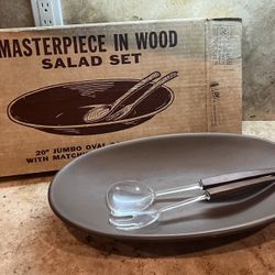 MCM 1970s Masterpiece In Wood Salad Bowl With Utensils 