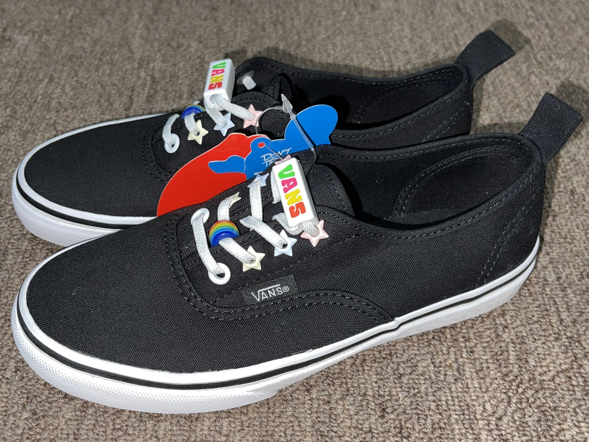 VANS Authentic Childrens Black Rainbow Shoes | Elastic Laces | Kids Size 3 NWOB