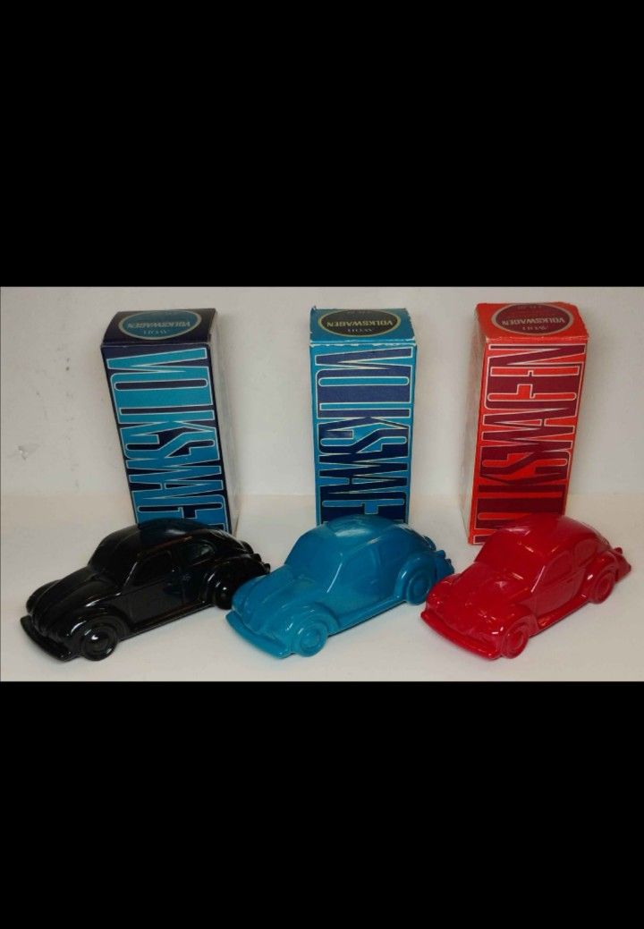 3 Vintage Volkswagen Beetles Avon Cologne Bottles - FULL Excellent Condition w/ Original Boxes