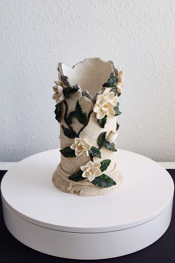 Vintage Ceramic Beige & Green  Flower Vase