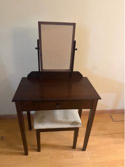 Dark Wood Vanity Table with Tilting Mirror and Seat