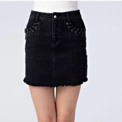 Honey Punch lacing black denim Fringe hem mini skirt women size small