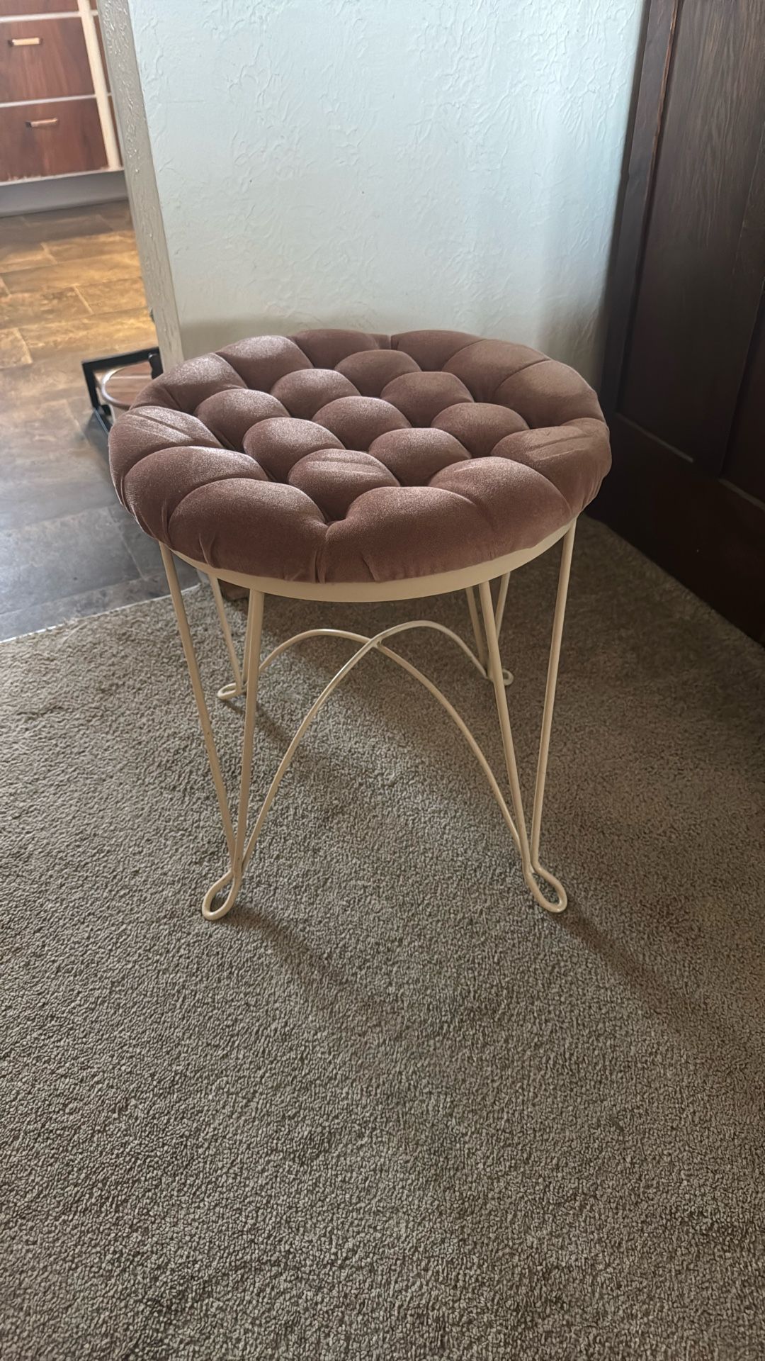 Tufted Vintage Pink And White Stool