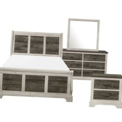 Bedroom Set Farmhouse Style White Gray Queen Set NEW 4 PIECES