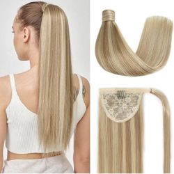 Ponvytail Extension Human Hair Light Blonde to Bleach Blonde Wrap Around Clip in Ponytail Hair Piece