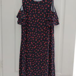 Westbound A-line Dress. Navy Blue with Red Flowers. Size Large
