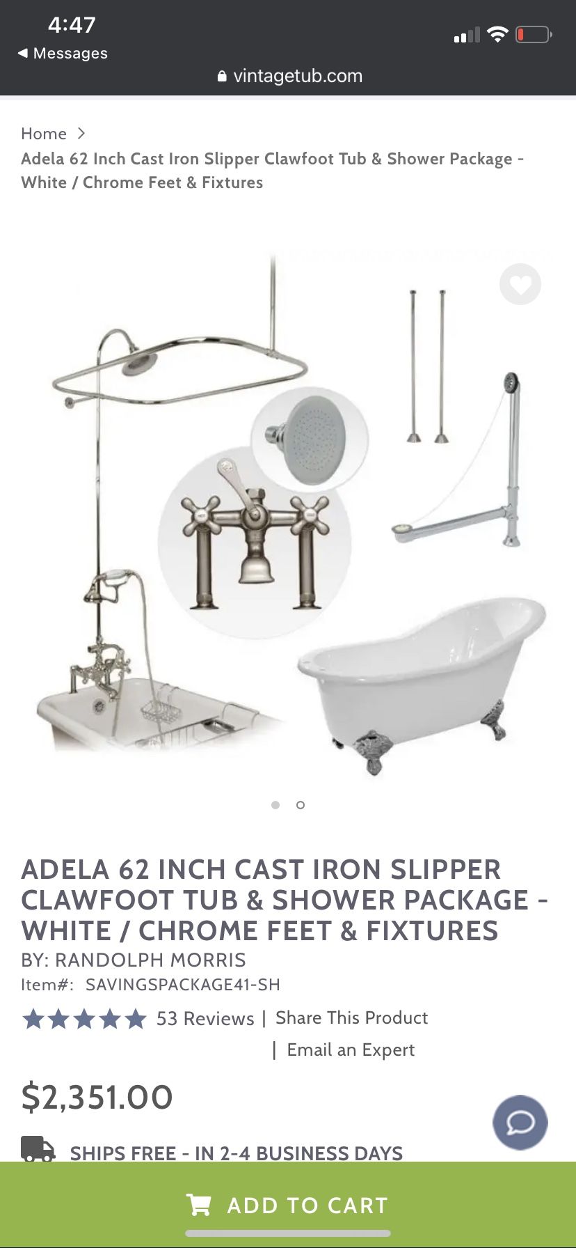 Adela 62 Inch Cast Iron Slipper Clawfoot Tub & Shower Package - White /  Chrome Feet & Fixtures