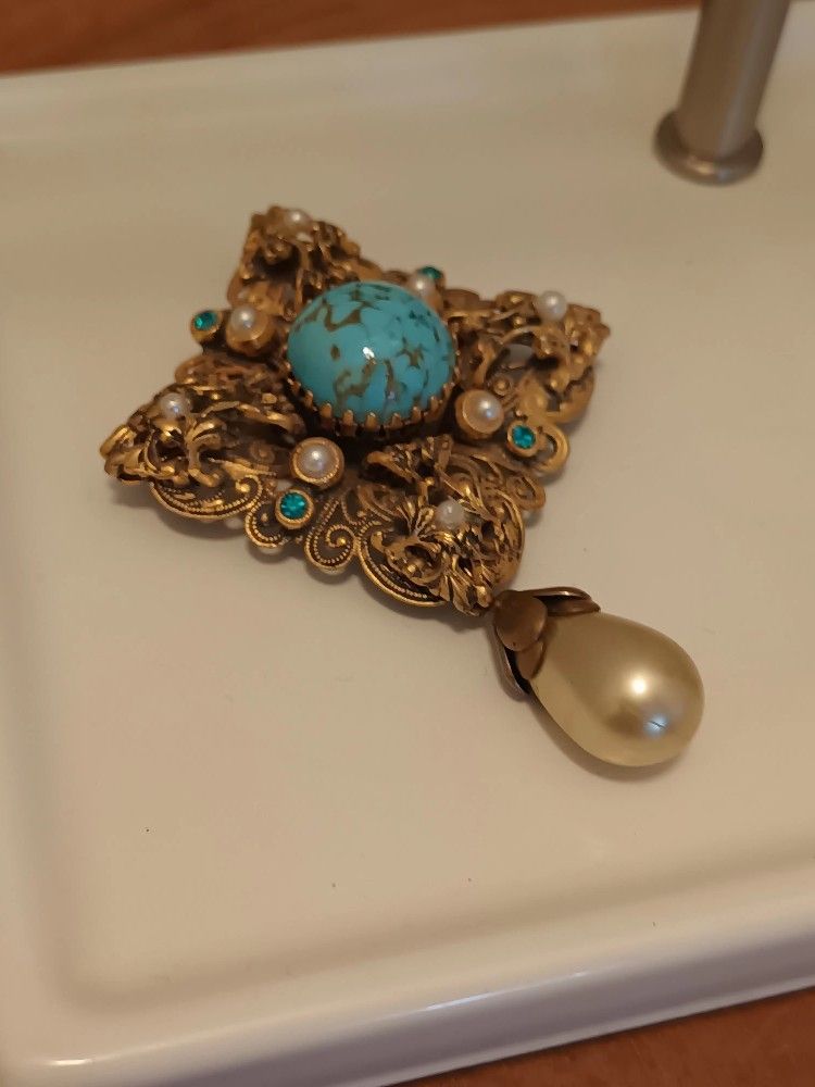Vintage Diamond Shape Victorian Filigree Faux Pearl Turquoise Rhinestone Drop Dangle Brooch