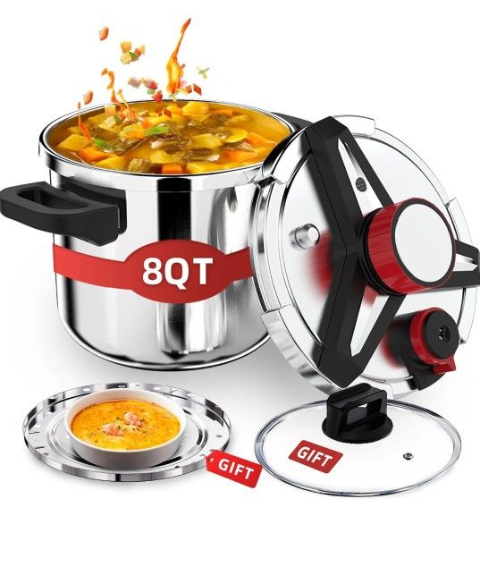 3-In-1 304 Stainless Steel Pressure Cooker 8 QT: [Explosion-Proof] [3 PSI Settings], One-Hand 
