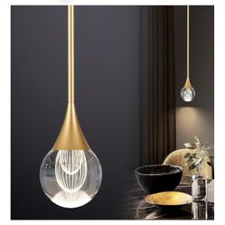 1-Light Teardrop Crystal Pendant Light, Brass Gold Globe Ceiling Hanging Light Fxitures, LED Raindrop Light Fixtures Metal Rod Ceiling Glass Pendant L