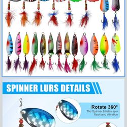 Rooster Bait Tail Spinner Fishing Lures Kit,30pcs Metal Spoon Lures with Feathered Treble Hooks for Bass Walleye Trout Freshwater Saltwater