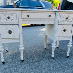 Vintage White Vanity with Mirror + Drawers + Stool + Wheels