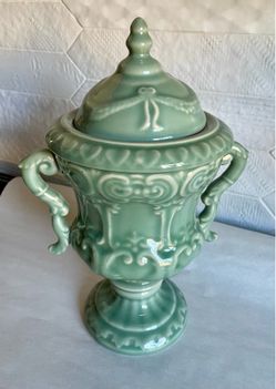 Vintage Celadon Decorative Double Handled Lidded Urn/Vase