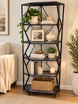 Modern 5-Tier Geometric Bookshelf – Black Metal Frame & Dark Wood-Look Shelves