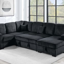 New! 120”L Black Sectional Sofa Bed,Sectionals, Sofa, Couch, Corduroy Sectional Sofa With Storage, Sleeper Sofa. Sofabed, Sofa Bed,U Shaped Sectionals