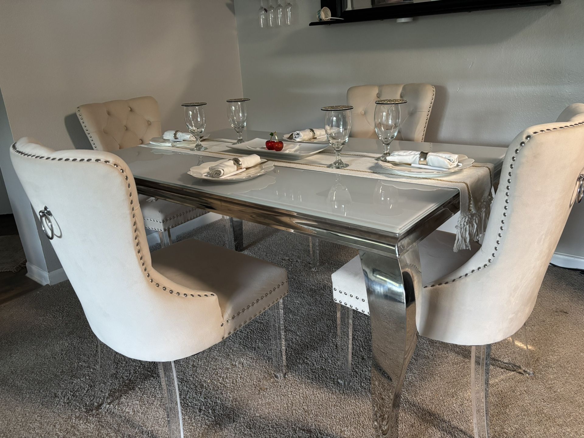 Luxury Glass Dining Table + 4 Tufted Chairs – $2,400+ Set!