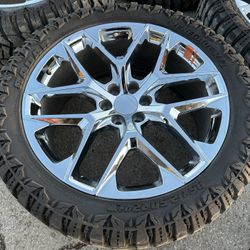 Like New 24” Chrome Replica Wheels And 35x12.50r24 Radar R/T Tires 24 Reps Rims 6 Lug Fit Chevy Silverado Tahoe GMC Sierra Yukon Denali Factory Stock 