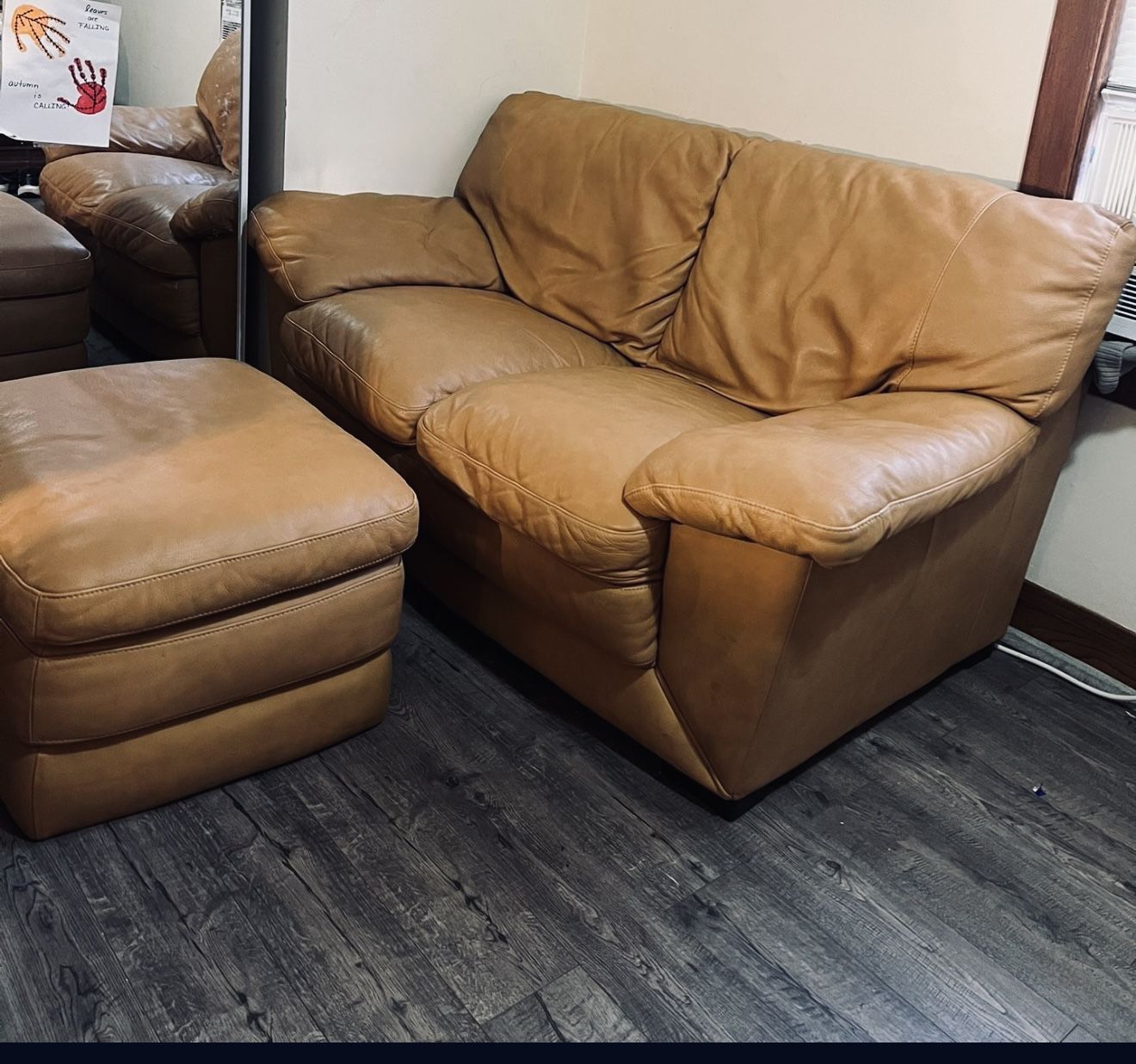 Mustard, leather sofa with leather fluffy ottoman