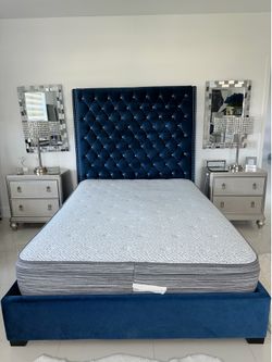 15-Piece Nickel Silver Queen Bedroom Set with Blue Tufted Bed Frame, Dressers, Nightstands, Mirrors & Decor