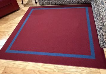 66” Square Indoor Area Rug Burgundy w/ Blue Border + Non slip pad