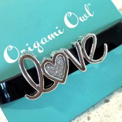 NEW Origami Owl Black Leather Bracelet Black Leather Rhinestones Love Gift Mothers day  Only 1 available 