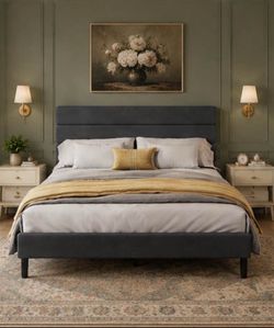Brand New Queen Upholstered Platform Bed Frame – No Box Spring Needed – Gray