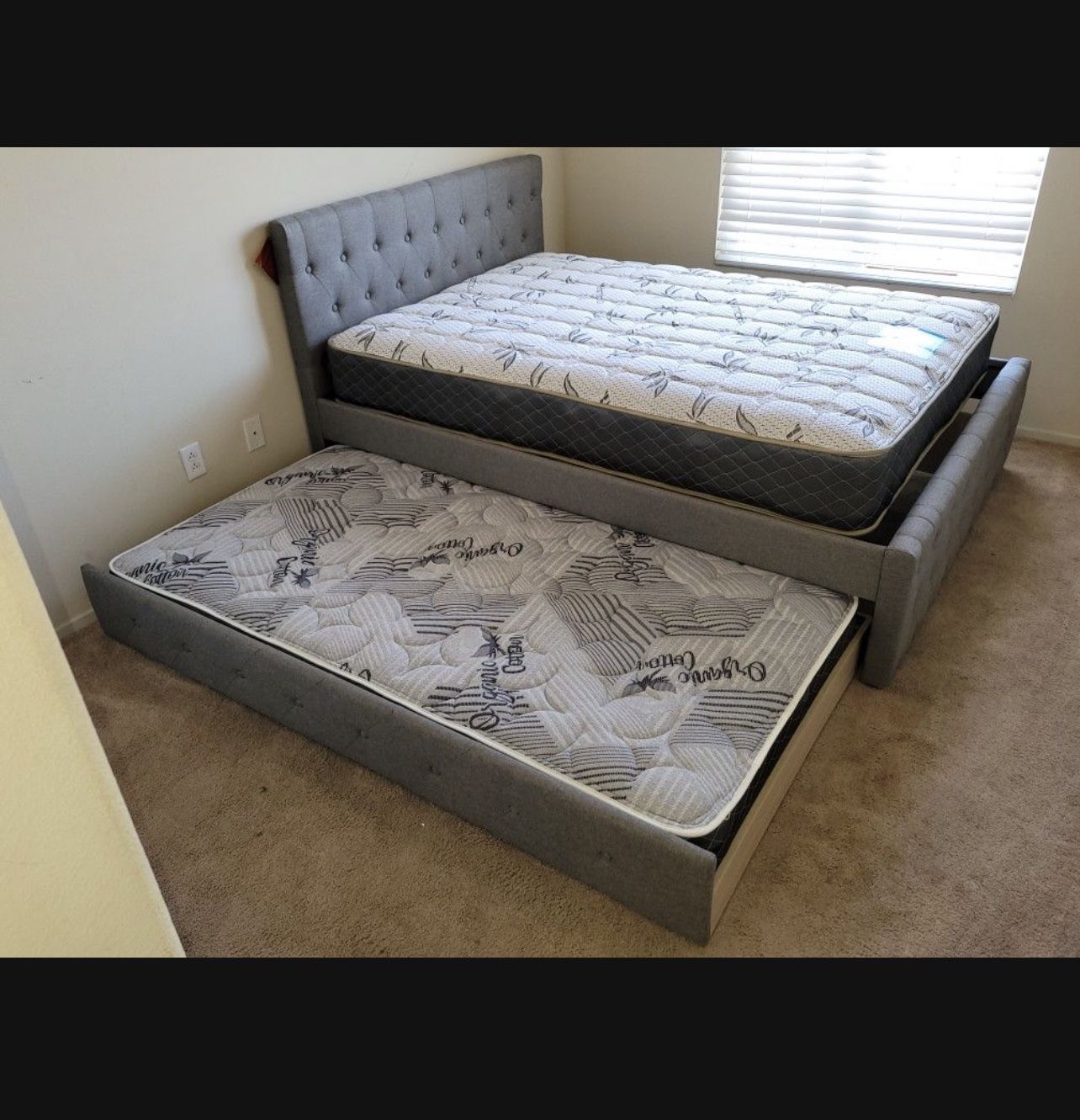 Full Complete Bed Over Twin Trundle With 2 Bamboo Mattresses Only 