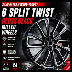 🔥 24x9 6x139.7 Gloss Black Milled Wheels – 6 Split Twist 🔥