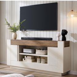 70" TV Stand, Entertainment Center for TVs Up to 80", Media Console with Large Open Storage & Side Cabinets, Thick Wood Design for Living Room, Antiqu